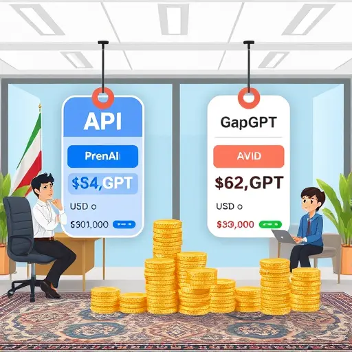 cartoon style infographic showing two API price tags side-by-side, OpenAI and GapGPT, stacks of coins in USD and Rial/