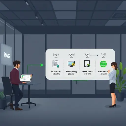 diagram of a RAG pipeline: document chunking, embedding, vector search, and answer generation, dark theme, green accents, text-