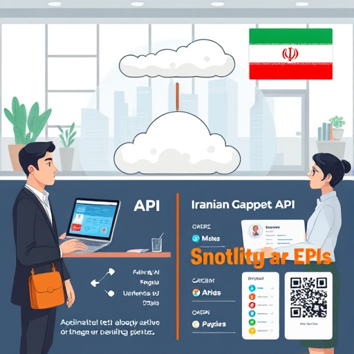 infographic comparing foreign AI API services to Iranian GapGPT API, Iranian qr code payment, Farsi dashboard, cartoon cloud and data elements, text-free