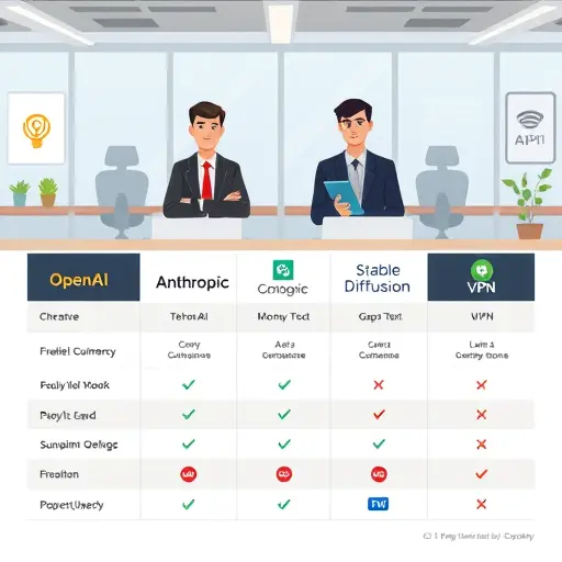 animated comparison table with multiple API logos (OpenAI, Anthropic, Google, Stable Diffusion, GapGPT), colorful icons for money/currency and VPN, cartoon style, tech and API theme, text-free