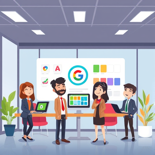 cartoon style illustration showing a fast and intuitive AI logo design process, happy animated users, color palette icons, user-