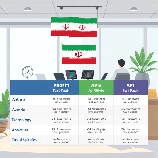 animated table comparison of AI APIs, cartoon style, highlighting Iranian flag with GapGPT icon, API endpoints, global and local icons, no text