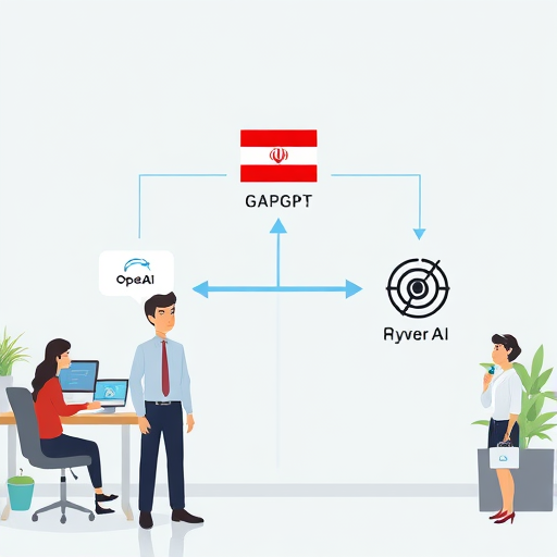 abstract API flowchart, showing user app connecting through GapGPT and through OpenAI with firewall/