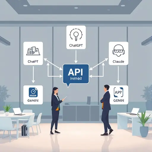 modern API architecture diagram illustration showing three AI models (ChatGPT, Claude, Gemini)