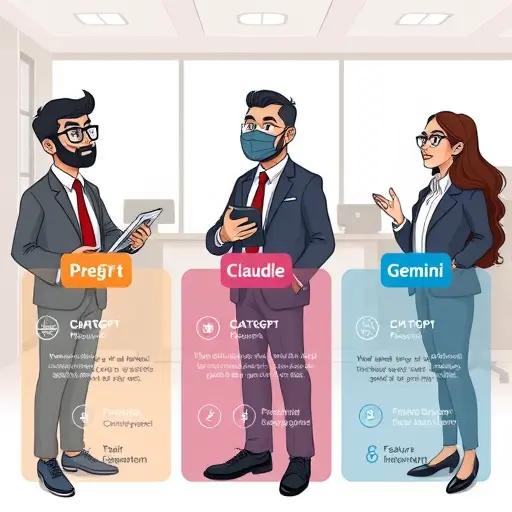 cartoon-style infographic comparing three AI models (ChatGPT, Claude, Gemini)
