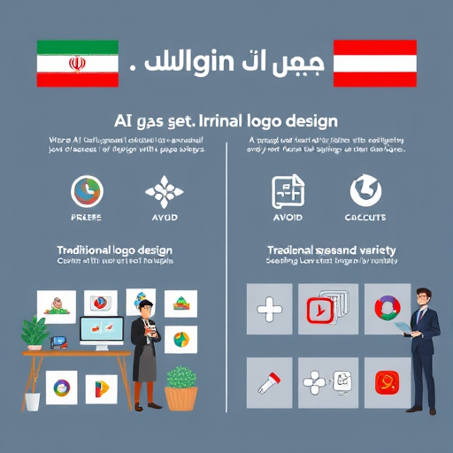 cartoon info graphic comparing traditional logo design steps with AI-