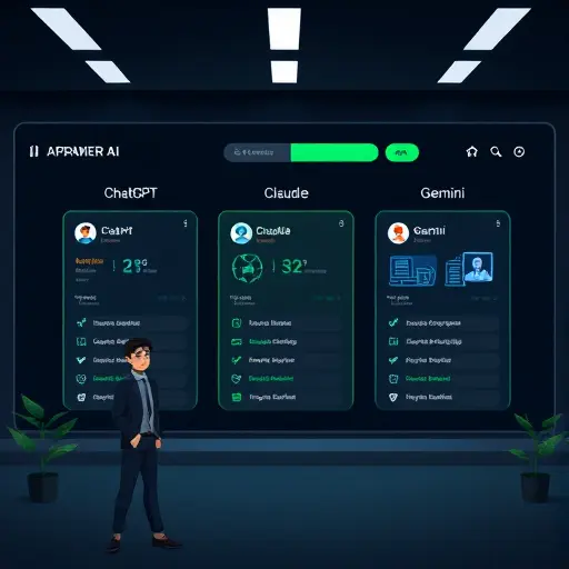 animated dark-themed comparison dashboard showing three AI cards labeled “ChatGPT”, “Claude”, and “Gemini”