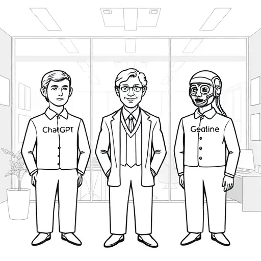 clean comparison illustration of three AI models (ChatGPT, Claude, Gemini) for stamp logo design, black-and-