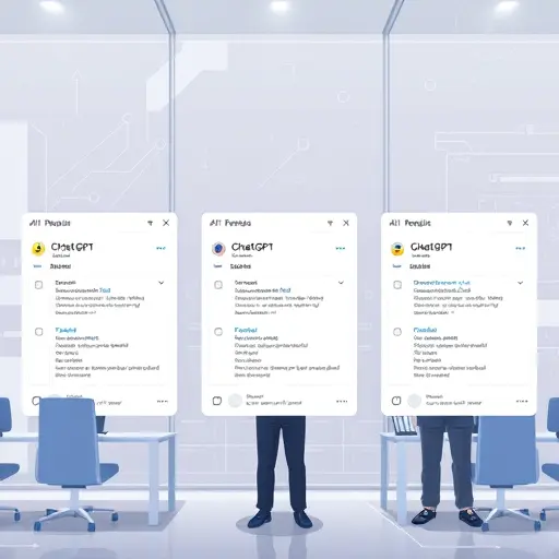 animated illustration of AI API response comparison, showing three output windows (ChatGPT, Claude, Gemini) side-by-
