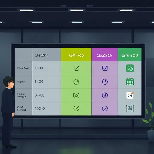 animated comparison board showing three AI models (ChatGPT GPT-4o, Claude 3.5 Sonnet, Gemini 2.0 Flash) with icons for planning, timeboxing, and calendar; dark UI, green accents;; no text