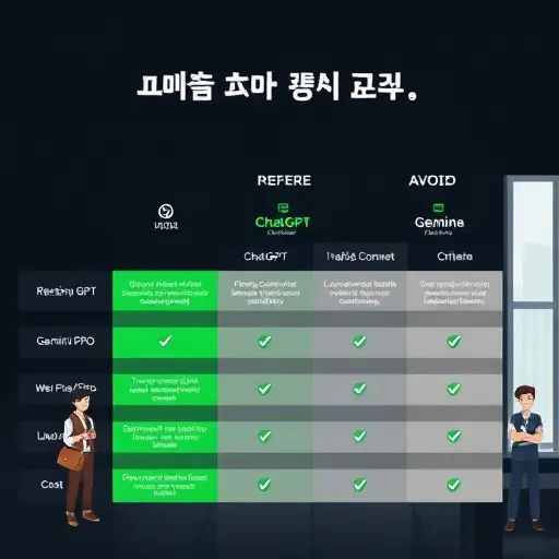animated comparison matrix of ChatGPT (GPT-4o), Claude 3.5 Sonnet, and Gemini 2.0 Flash/Pro; criteria columns: reasoning depth, long-context comprehension, web-grounding, latency, cost;