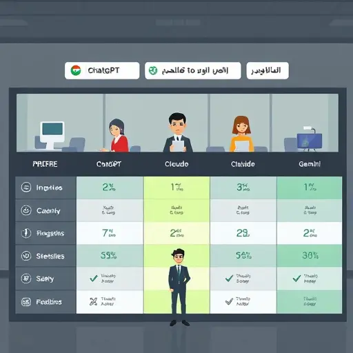 animated comparison dashboard of ChatGPT, Claude, and Gemini, icon-based columns, decision matrix showing strengths (speed, safety, web data)