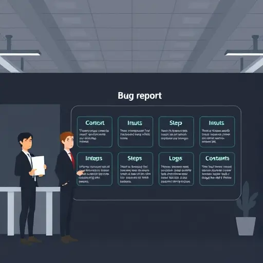 diagram-style illustration showing a structured bug report with five labeled sections (context, inputs, steps, logs, constraints), dark UI, green accent, no text