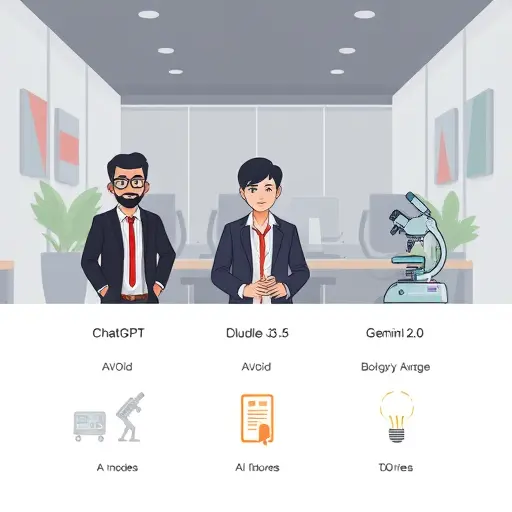 animated comparison of AI models (ChatGPT GPT-4o, Claude 3.5 Sonnet, Gemini 2.0 Flash) for biology learning, icons of DNA, microscope, long-