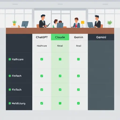 comparison matrix illustration: columns for ChatGPT, Claude, Gemini; rows for Healthcare, FinTech, Retail, Manufacturing; dark UI, green accent #94d3a2, minimalist icons, text-free, --ar 16:9