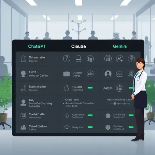 clean comparative chart illustration of three AI model cards (ChatGPT, Claude, Gemini)