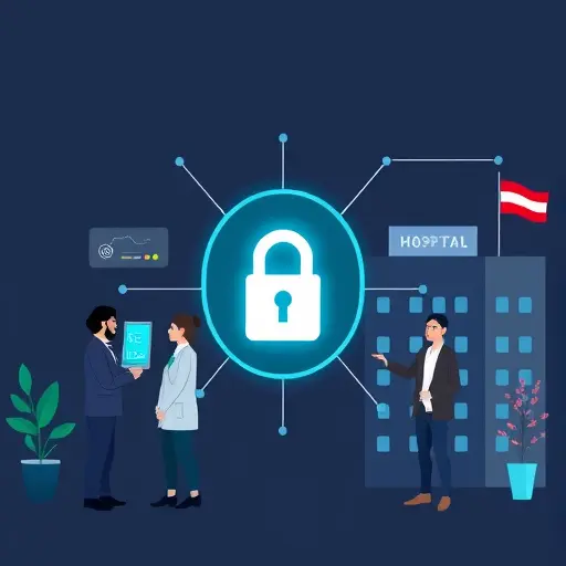 secure data integration between hospital HIS/EHR and AI engine, lock icon, server and hospital building illustrations, dark theme, minimalist, text-free