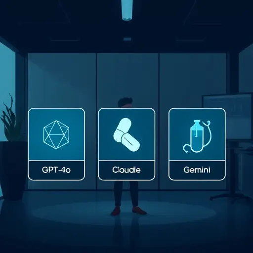 comparison illustration of three AI model cards labeled GPT-4o, Claude, Gemini as icons, medical context symbols (stethoscope, pill, lab vial)