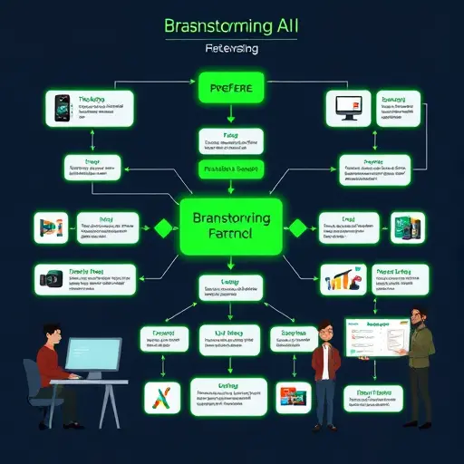 animated flowchart mapping brainstorming scenarios () to AI model categories, dark background, neon green accents, flat illustration, text-free