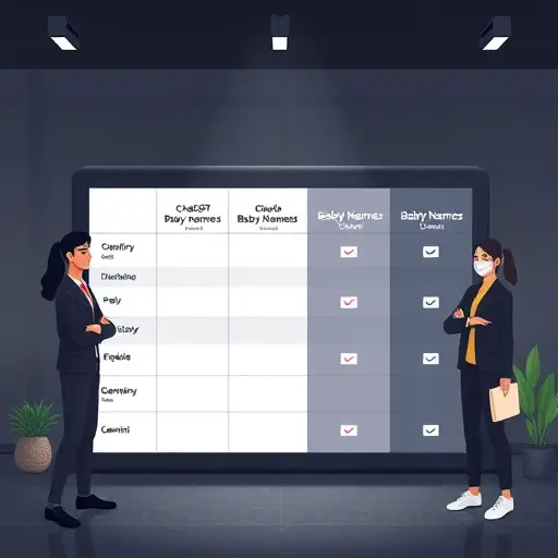 modern dark-themed comparison board showing ChatGPT, Claude, and Gemini outputs for baby names, columns with pros/