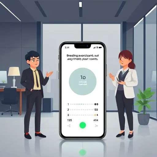 animated breathing exercise illustration with a smartphone showing an AI assistant guiding inhale/