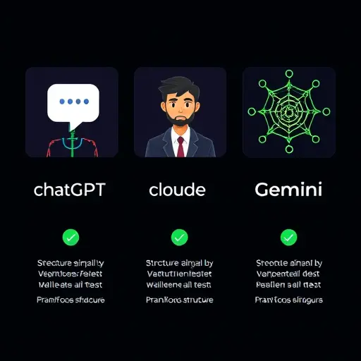 three-panel comparison illustration of ChatGPT, Claude, and Gemini as abstract AI icons, each with strengths labels like structure, depth, multimodal (use icons not text), dark theme, green accent, minimal, text-free
