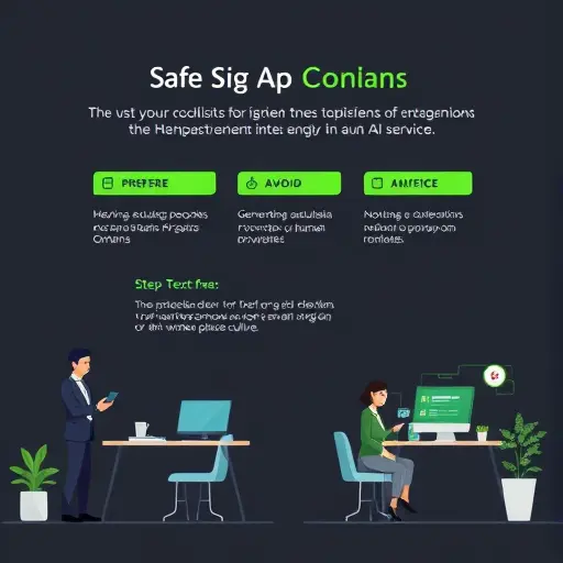step-by-step illustrated checklist for safe signup to an AI service, dark background, green highlights, icons only, text-free