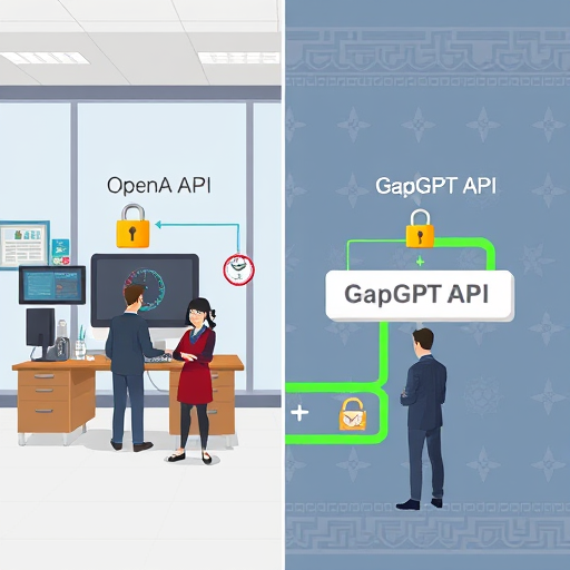 infographic style comparison of OpenAI API and GapGPT API architecture: on one side, OpenAI API with locks, proxy signs, and warning symbols showing sanctions;