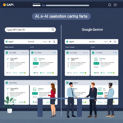 animated comparison dashboard showing sections of AI API documentation portals for GapGPT (Farsi), OpenAI, Anthropic Claude and Google Gemini; highlights user-