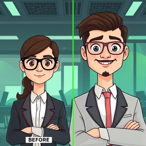 cartoon-style comparison of AI image quality, showing before and after (natural faces, smooth details vs distorted output)