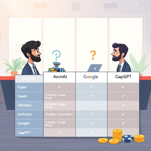an illustration showing a comparison table between different API providers (OpenAI, Anthropic, Google, GapGPT), animated cartoon style, tech-