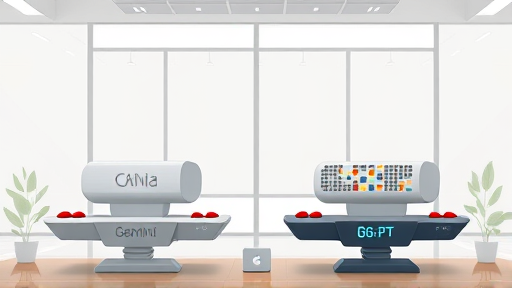 clean animated illustration comparing two AI platforms, one labeled as Gemini (symbolic), and other as ChatGPT (symbolic), digital scales showing affordability and performance, no text