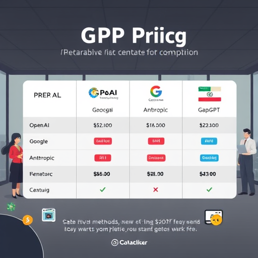 infographic style table showing side-by-side comparison of GPT API pricing from OpenAI, Google, Anthropic, and GapGPT, with payment method icons (credit card, IR card, sanction-free)