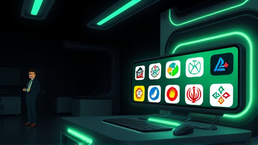 futuristic animated logo generator machine powered by artificial intelligence, glowing green and dark background, simple cartoon icons of different logos, no text