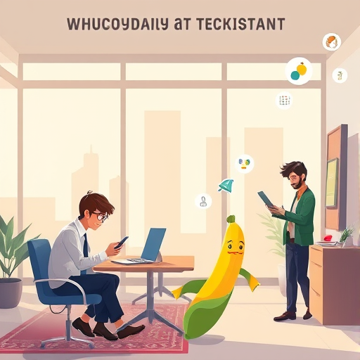 animated daily life scene with people using mobile devices, a small banana-