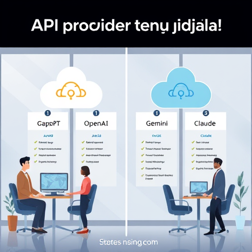 API provider feature comparison illustration, four cloud nodes (GapGPT, OpenAI, Gemini, Claude) with arrows and features icons, animation style, Iranian color palette, no text