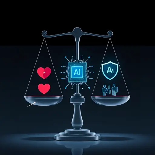 animated illustration of a balanced scale: one side labeled with utilitarian icons (heart, community), the other with deontological rule icons (shield, law)