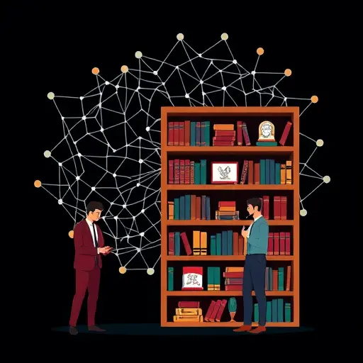 abstract illustration of an AI neural network contrasted with a classical philosophy bookshelf (Plato, Aristotle icons)