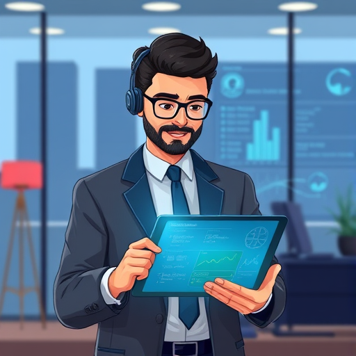 illustration of virtual AI assistant highlighting algorithm code samples, graphs, and analytical charts on digital tablet, tech-inspired, no text