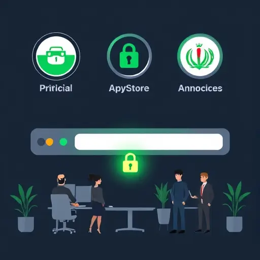 clean illustration of official app store badges and a secure browser address bar with HTTPS lock, dark theme, green accent, minimal, text-free