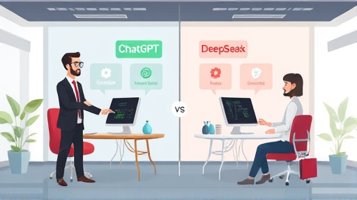 modern comparison chart illustration, cartoon style, showing ChatGPT vs DeepSeek, symbolic AI icons, clean tech look, text-free