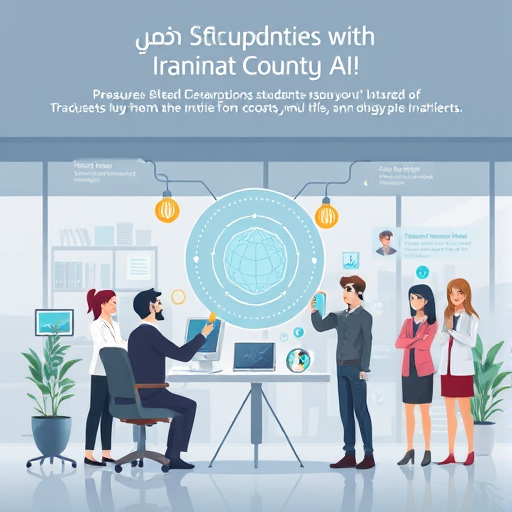 animated infographic showing AI technology supporting students from diverse academic fields (math, medicine, literature, engineering, art), color icons, text-free