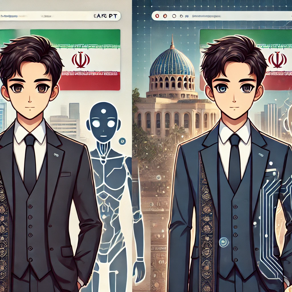 side by side cartoon comparison: anime-style photo made by Iranian AI (GapGPT) vs. by a foreign tool, both with equal quality, accent on local usability, no text