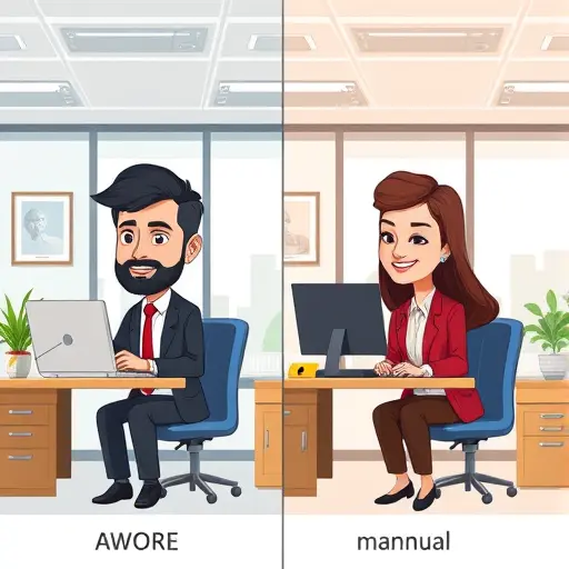 side-by-side cartoon comparison between manual graphic editing and AI-