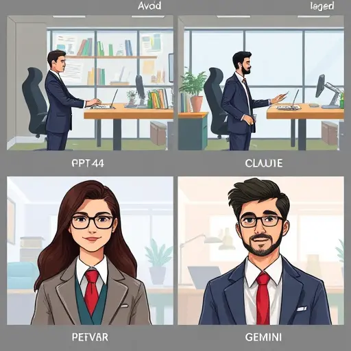 cartoon comparison chart showing different AI models for profile image creation (GPT-4o, Claude, Midjourney, Gemini)