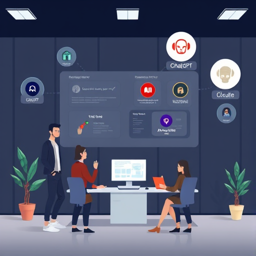 animated illustration of a user interface with multiple AI model options (ChatGPT, Claude, Gemini)