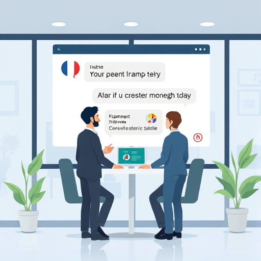 modern illustration of an AI conversation window, with French symbols, grammar tips, and animated digital interface, minimal, no text
