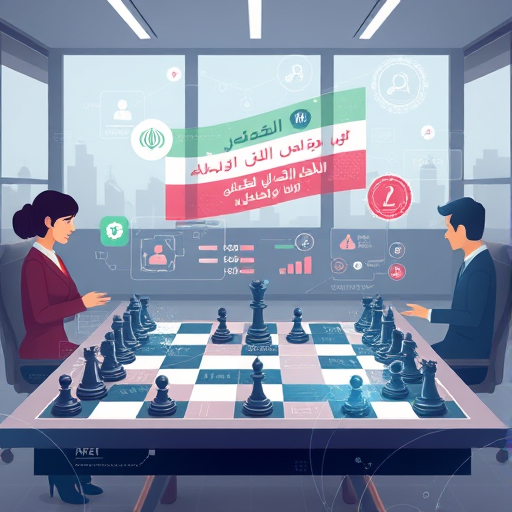 AI analysis of chessboard with abstract digital overlays, Iranian-inspired interface icons, animated style, high-tech but friendly, no text