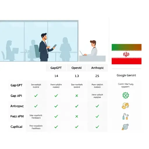 fast comparison table of AI APIs, animated chart showing GapGPT, OpenAI, Anthropic, Google Gemini; icons for each platform, Iranian flag next to GapGPT, focus on access and language support, clean tech style, text-free