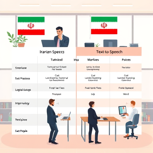 animated comparison table between Iranian and global Text-to-Speech APIs, flags/icons for Iran and world, showing code, voices, and integration paths, cartoon style, no text